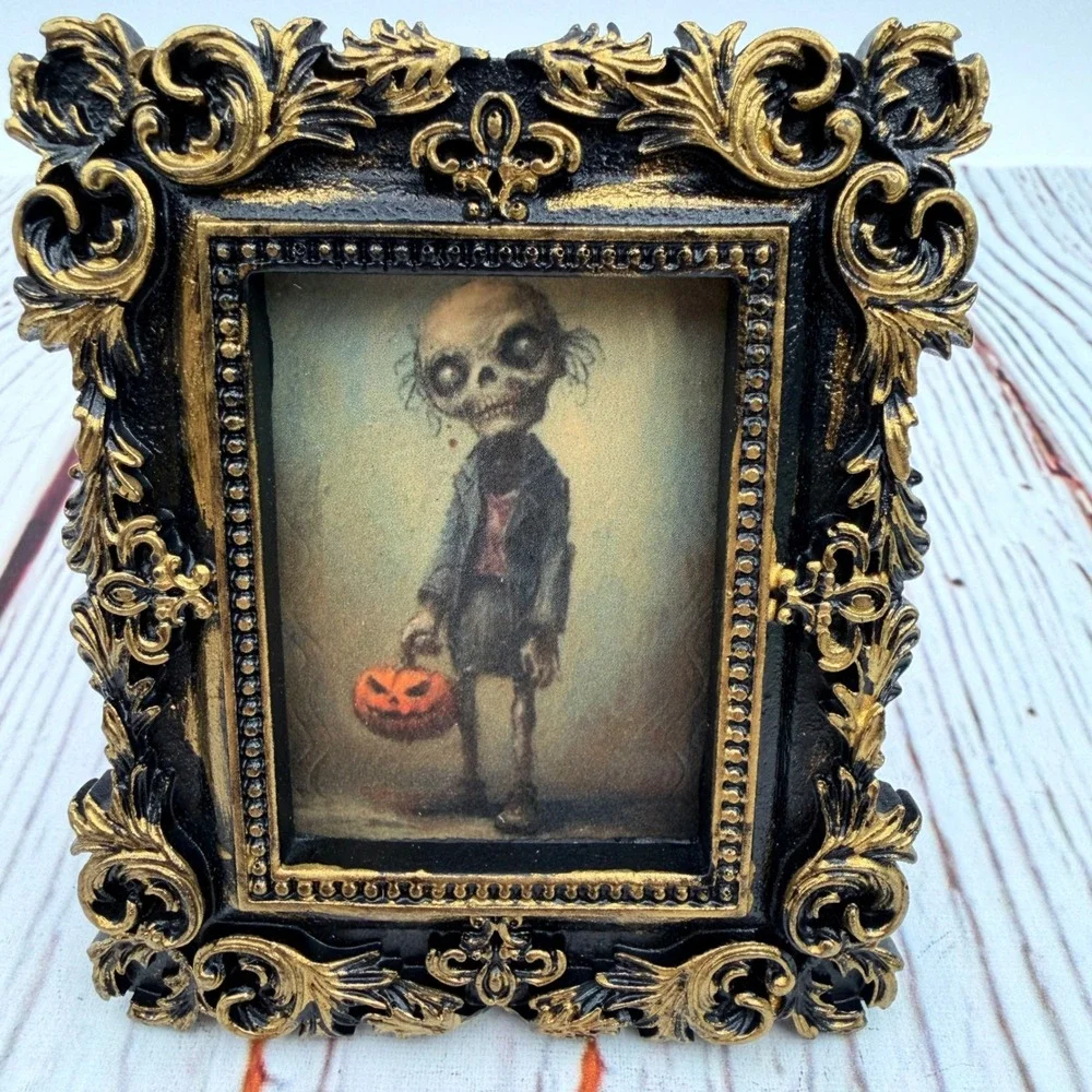 Zombie Boy Decoupage Art Halloween Decor Ornate Black Gold Resin Frame 4x3.25